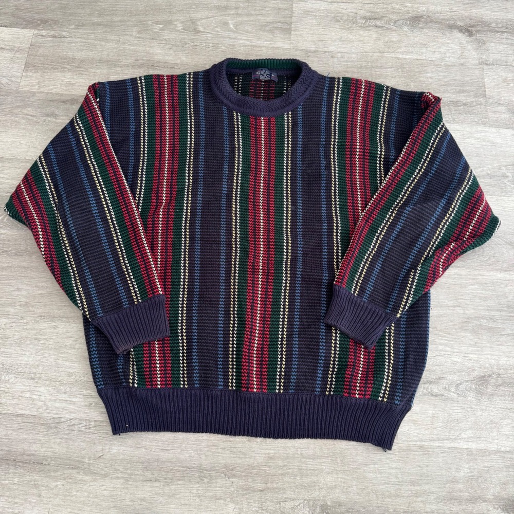 Gant Vintage Mens Large Cotton Vertical Stripe Crewneck Sweater Navy Green Red